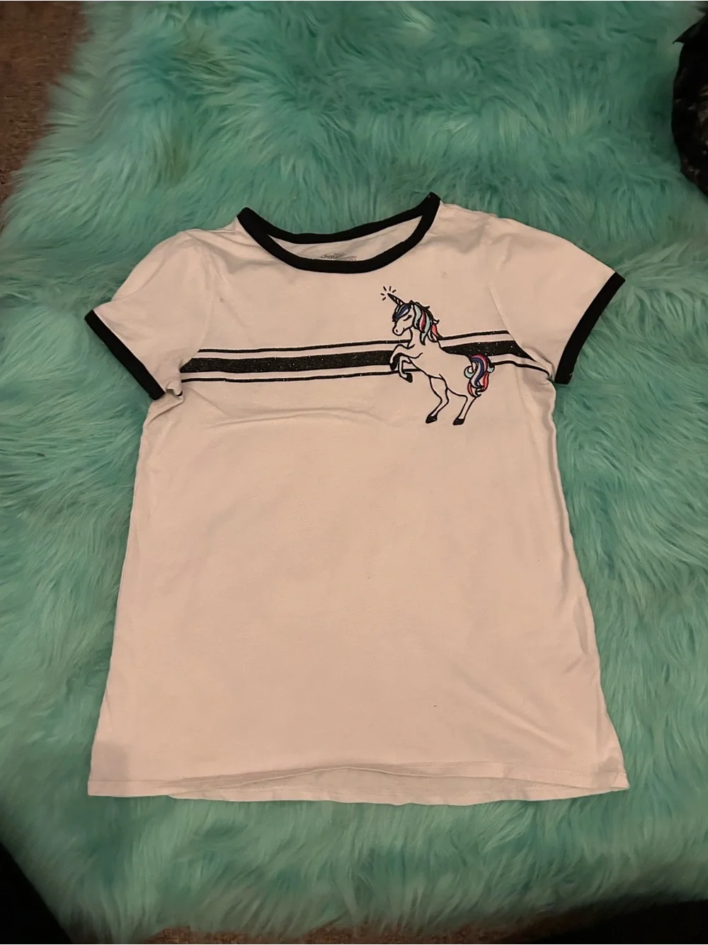 Justice White Ringer Tee with Black Trim and Unicorn Patch